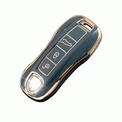 Porsche key fob cover (2018+) Gold Trim - 911, Cayenne, Macan, Panamera. blue